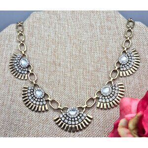Statement Gold Tone & Crystal Fan Collar Necklace 21.5" Chunky Chain